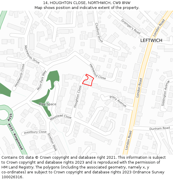 14, HOUGHTON CLOSE, NORTHWICH, CW9 8NW: Location map and indicative extent of plot