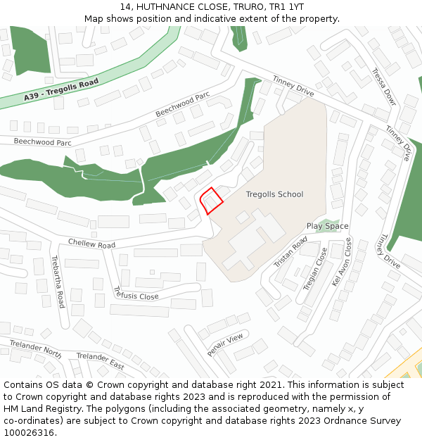 14, HUTHNANCE CLOSE, TRURO, TR1 1YT: Location map and indicative extent of plot