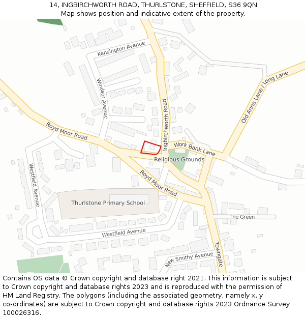 14, INGBIRCHWORTH ROAD, THURLSTONE, SHEFFIELD, S36 9QN: Location map and indicative extent of plot