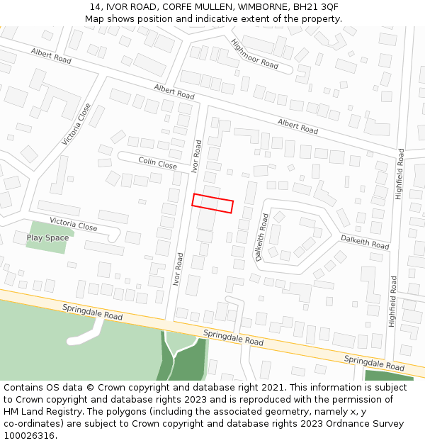 14, IVOR ROAD, CORFE MULLEN, WIMBORNE, BH21 3QF: Location map and indicative extent of plot