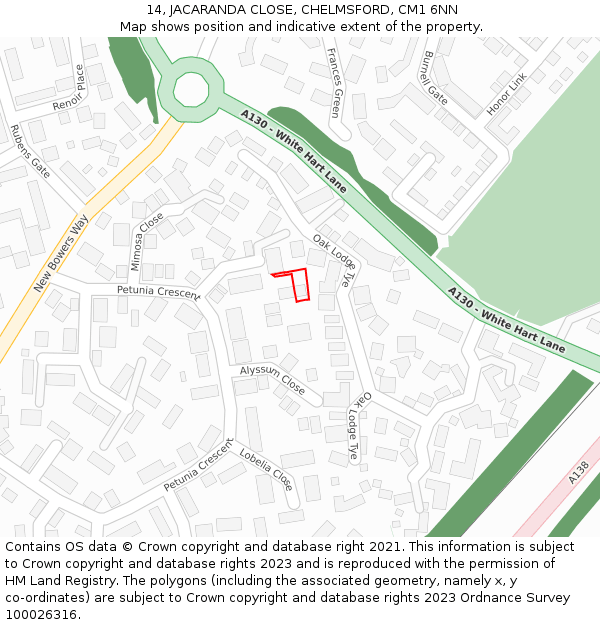14, JACARANDA CLOSE, CHELMSFORD, CM1 6NN: Location map and indicative extent of plot