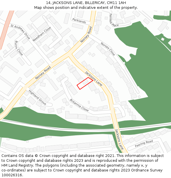 14, JACKSONS LANE, BILLERICAY, CM11 1AH: Location map and indicative extent of plot