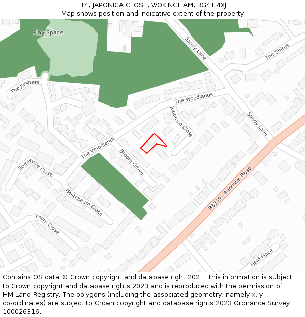 14, JAPONICA CLOSE, WOKINGHAM, RG41 4XJ: Location map and indicative extent of plot