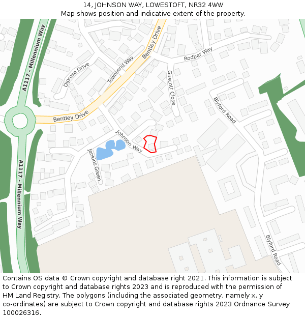14, JOHNSON WAY, LOWESTOFT, NR32 4WW: Location map and indicative extent of plot