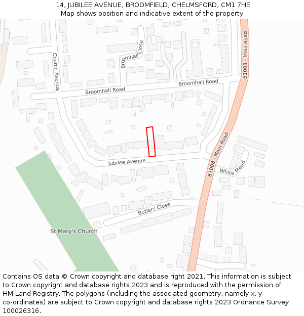 14, JUBILEE AVENUE, BROOMFIELD, CHELMSFORD, CM1 7HE: Location map and indicative extent of plot