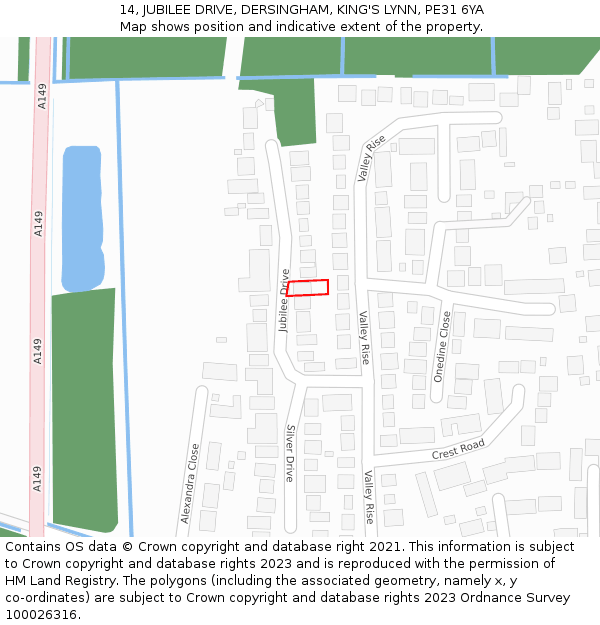 14, JUBILEE DRIVE, DERSINGHAM, KING'S LYNN, PE31 6YA: Location map and indicative extent of plot