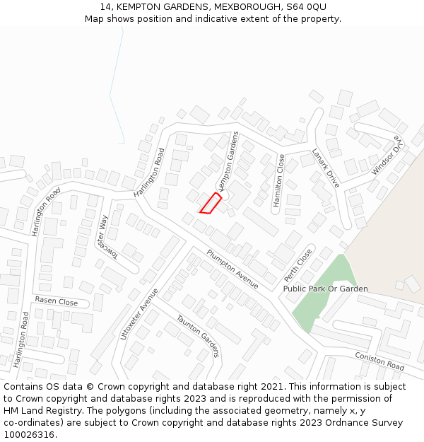 14, KEMPTON GARDENS, MEXBOROUGH, S64 0QU: Location map and indicative extent of plot