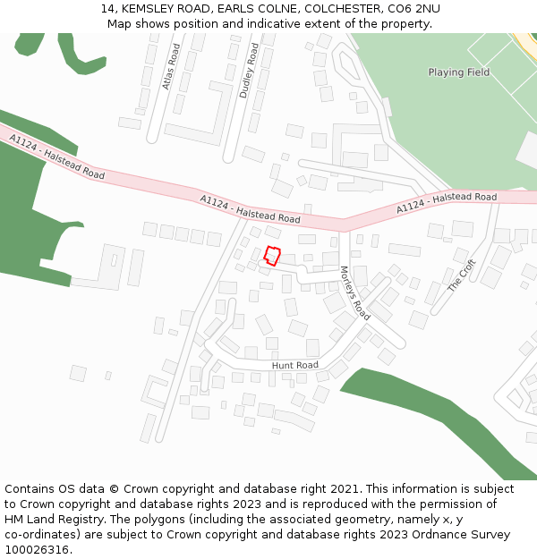 14, KEMSLEY ROAD, EARLS COLNE, COLCHESTER, CO6 2NU: Location map and indicative extent of plot