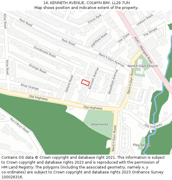 14, KENNETH AVENUE, COLWYN BAY, LL29 7UN: Location map and indicative extent of plot