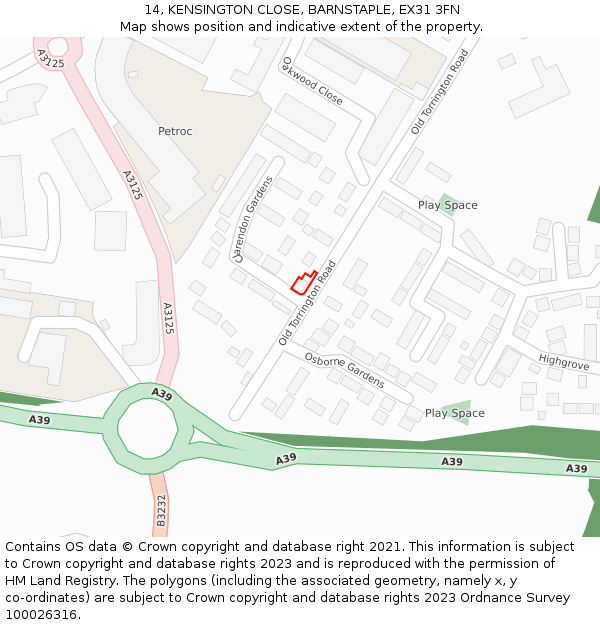 14, KENSINGTON CLOSE, BARNSTAPLE, EX31 3FN: Location map and indicative extent of plot