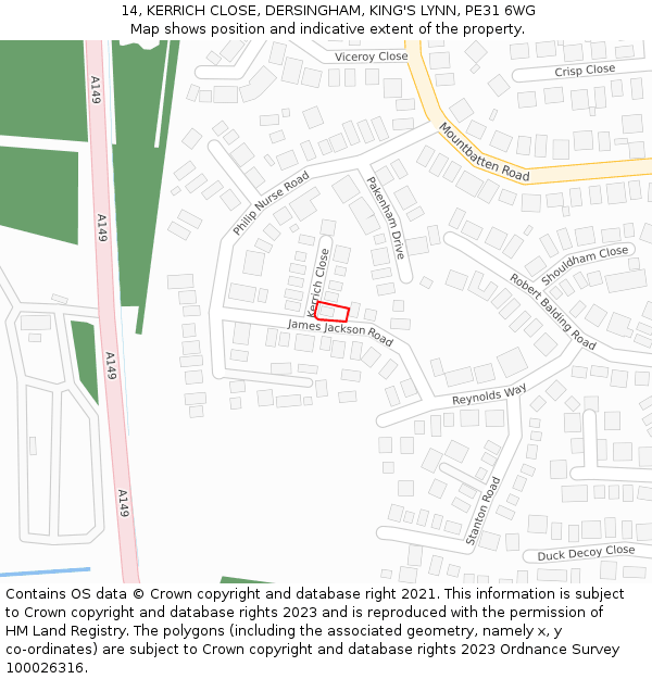 14, KERRICH CLOSE, DERSINGHAM, KING'S LYNN, PE31 6WG: Location map and indicative extent of plot