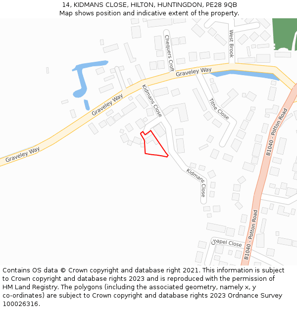 14, KIDMANS CLOSE, HILTON, HUNTINGDON, PE28 9QB: Location map and indicative extent of plot