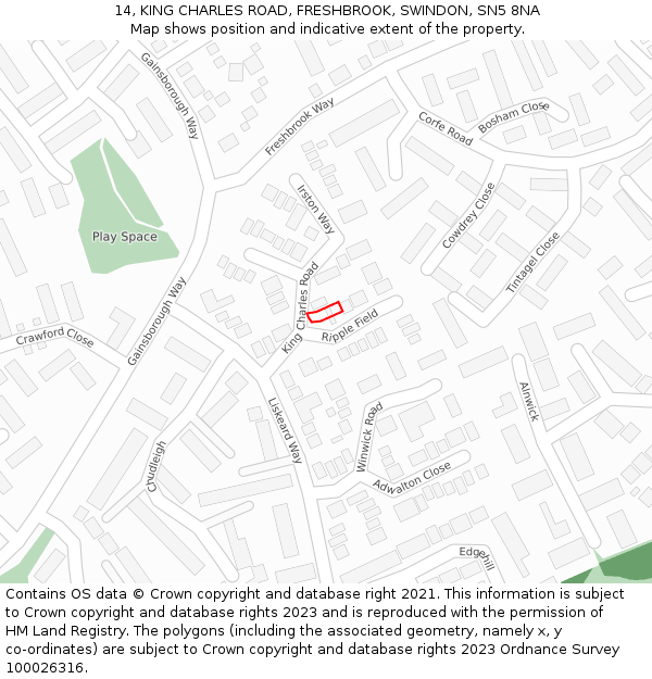 14, KING CHARLES ROAD, FRESHBROOK, SWINDON, SN5 8NA: Location map and indicative extent of plot