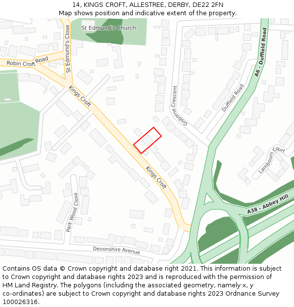 14, KINGS CROFT, ALLESTREE, DERBY, DE22 2FN: Location map and indicative extent of plot