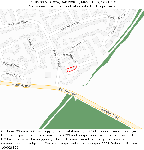 14, KINGS MEADOW, RAINWORTH, MANSFIELD, NG21 0FG: Location map and indicative extent of plot
