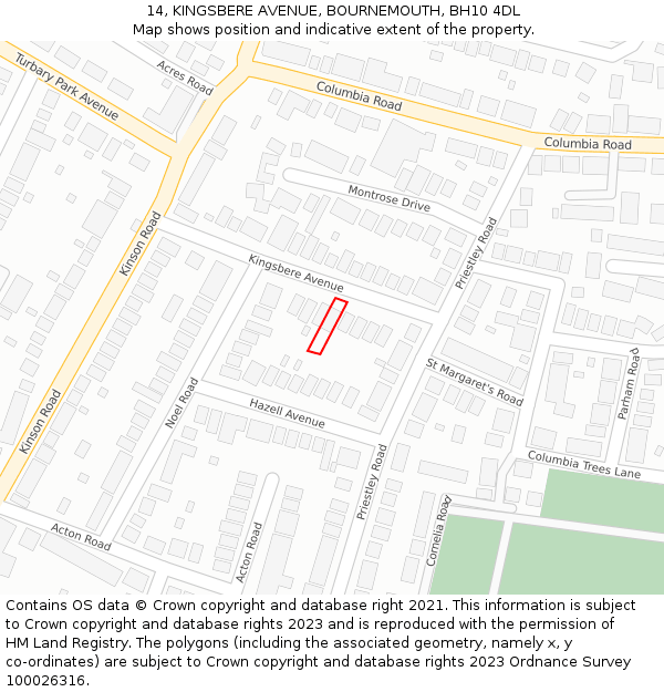 14, KINGSBERE AVENUE, BOURNEMOUTH, BH10 4DL: Location map and indicative extent of plot