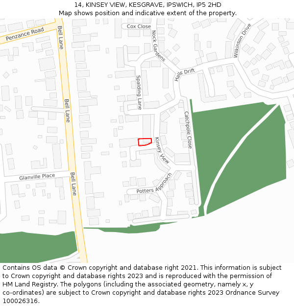 14, KINSEY VIEW, KESGRAVE, IPSWICH, IP5 2HD: Location map and indicative extent of plot