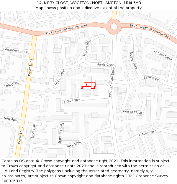 14, KIRBY CLOSE, WOOTTON, NORTHAMPTON, NN4 6AB: Location map and indicative extent of plot
