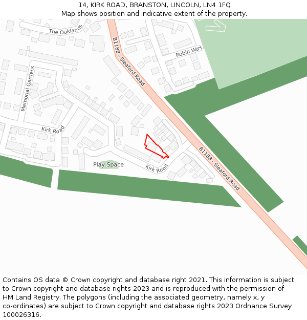14, KIRK ROAD, BRANSTON, LINCOLN, LN4 1FQ: Location map and indicative extent of plot