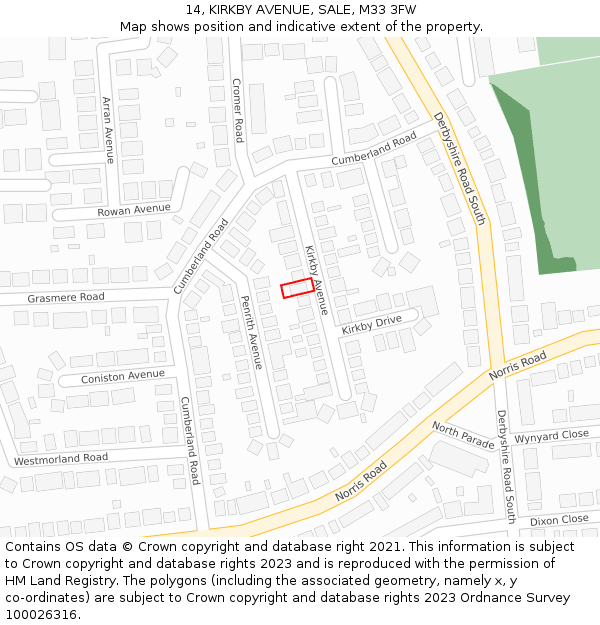 14, KIRKBY AVENUE, SALE, M33 3FW: Location map and indicative extent of plot