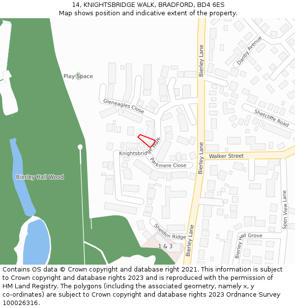 14, KNIGHTSBRIDGE WALK, BRADFORD, BD4 6ES: Location map and indicative extent of plot