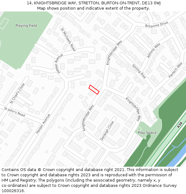 14, KNIGHTSBRIDGE WAY, STRETTON, BURTON-ON-TRENT, DE13 0WJ: Location map and indicative extent of plot