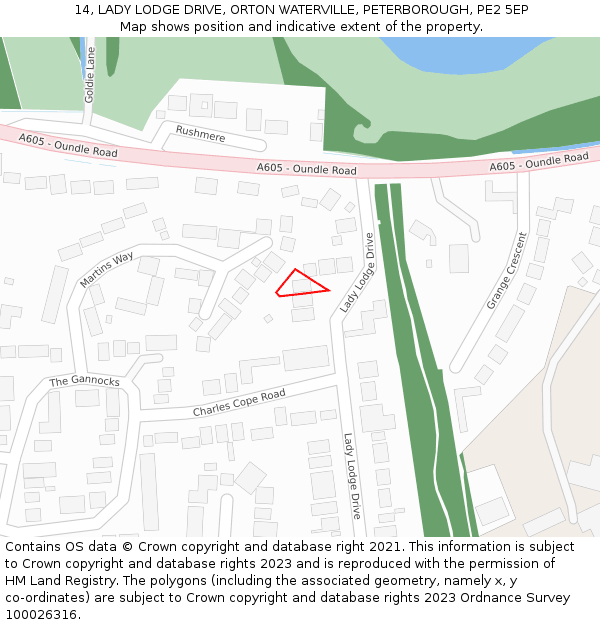 14, LADY LODGE DRIVE, ORTON WATERVILLE, PETERBOROUGH, PE2 5EP: Location map and indicative extent of plot