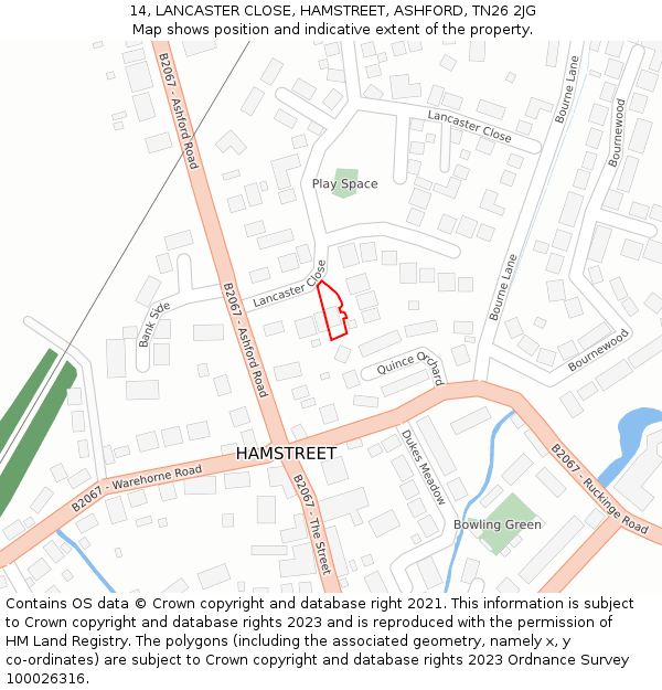 14, LANCASTER CLOSE, HAMSTREET, ASHFORD, TN26 2JG: Location map and indicative extent of plot