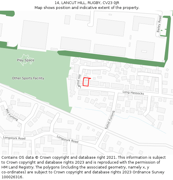 14, LANCUT HILL, RUGBY, CV23 0JR: Location map and indicative extent of plot