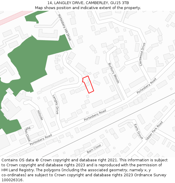 14, LANGLEY DRIVE, CAMBERLEY, GU15 3TB: Location map and indicative extent of plot