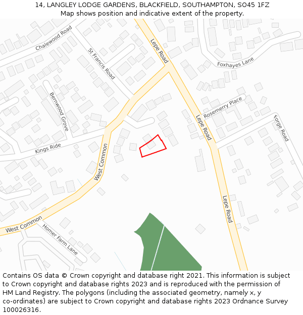 14, LANGLEY LODGE GARDENS, BLACKFIELD, SOUTHAMPTON, SO45 1FZ: Location map and indicative extent of plot