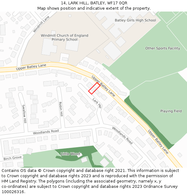 14, LARK HILL, BATLEY, WF17 0QR: Location map and indicative extent of plot