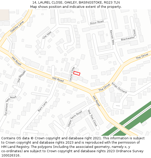 14, LAUREL CLOSE, OAKLEY, BASINGSTOKE, RG23 7LN: Location map and indicative extent of plot