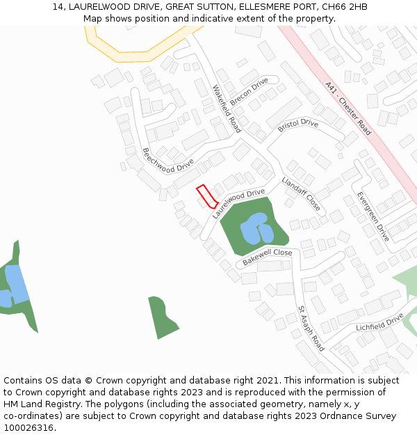 14, LAURELWOOD DRIVE, GREAT SUTTON, ELLESMERE PORT, CH66 2HB: Location map and indicative extent of plot