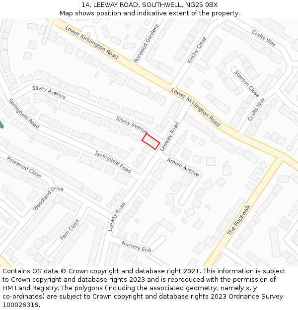 14, LEEWAY ROAD, SOUTHWELL, NG25 0BX: Location map and indicative extent of plot