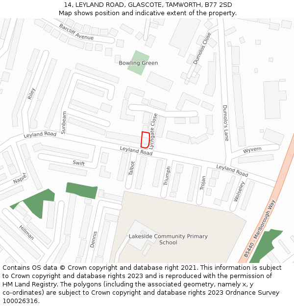 14, LEYLAND ROAD, GLASCOTE, TAMWORTH, B77 2SD: Location map and indicative extent of plot