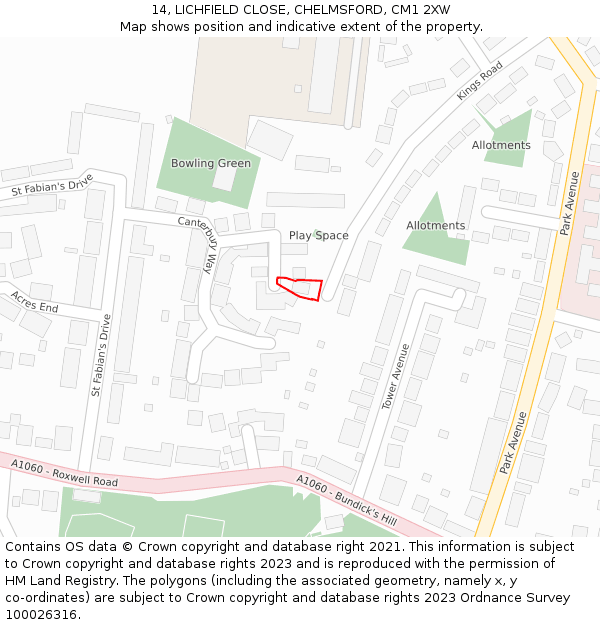 14, LICHFIELD CLOSE, CHELMSFORD, CM1 2XW: Location map and indicative extent of plot