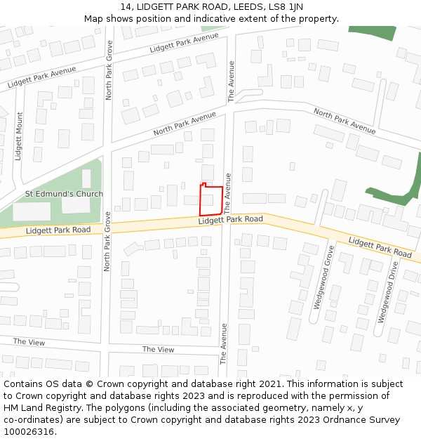 14, LIDGETT PARK ROAD, LEEDS, LS8 1JN: Location map and indicative extent of plot
