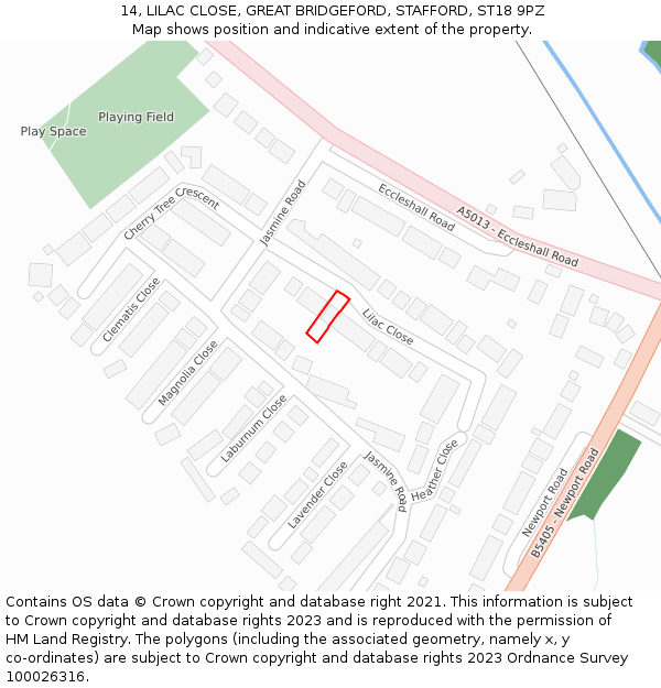 14, LILAC CLOSE, GREAT BRIDGEFORD, STAFFORD, ST18 9PZ: Location map and indicative extent of plot