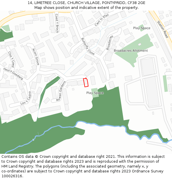 14, LIMETREE CLOSE, CHURCH VILLAGE, PONTYPRIDD, CF38 2GE: Location map and indicative extent of plot