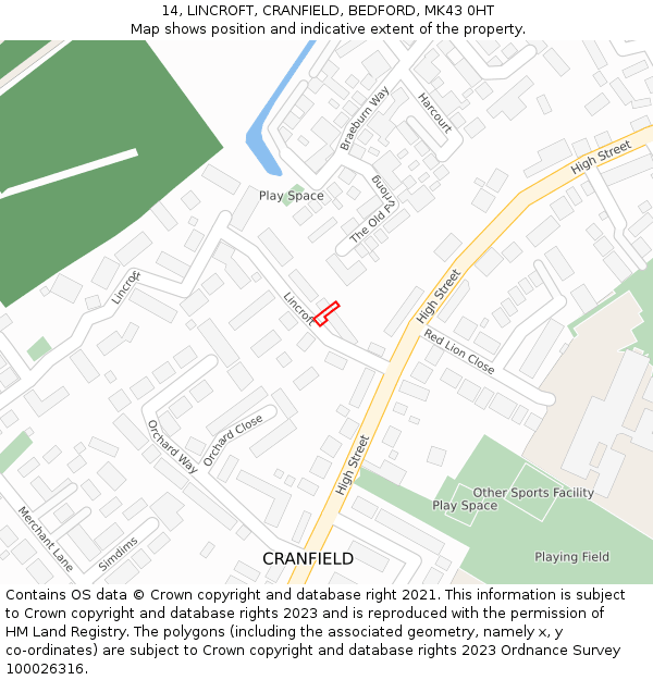 14, LINCROFT, CRANFIELD, BEDFORD, MK43 0HT: Location map and indicative extent of plot