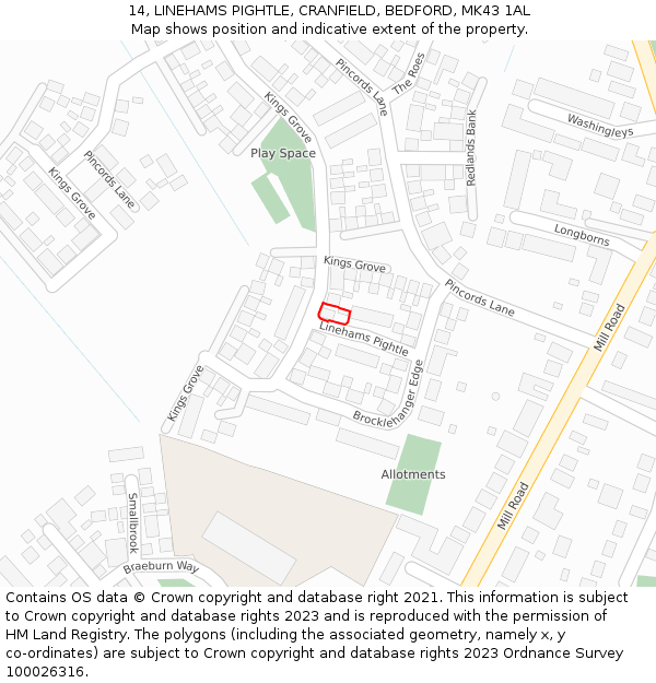 14, LINEHAMS PIGHTLE, CRANFIELD, BEDFORD, MK43 1AL: Location map and indicative extent of plot