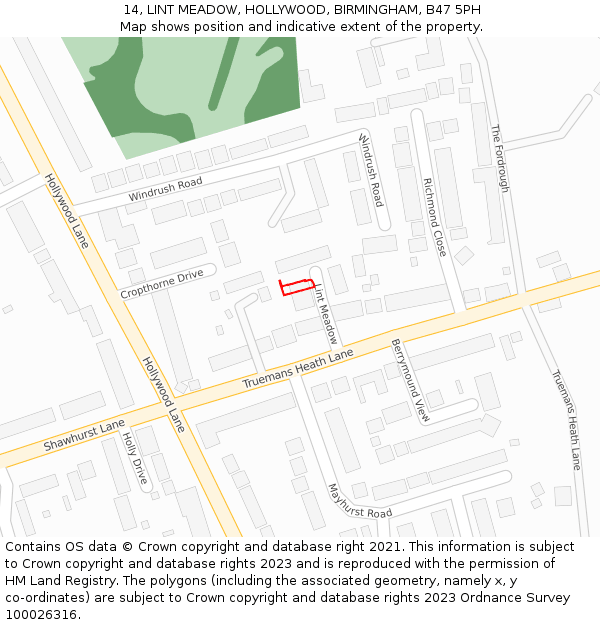 14, LINT MEADOW, HOLLYWOOD, BIRMINGHAM, B47 5PH: Location map and indicative extent of plot