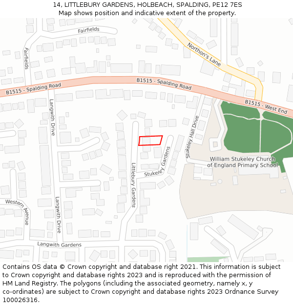 14, LITTLEBURY GARDENS, HOLBEACH, SPALDING, PE12 7ES: Location map and indicative extent of plot