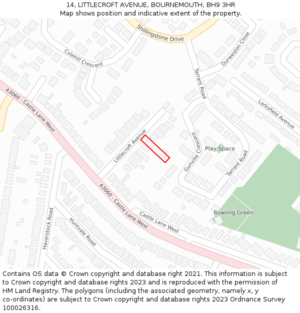 14, LITTLECROFT AVENUE, BOURNEMOUTH, BH9 3HR: Location map and indicative extent of plot