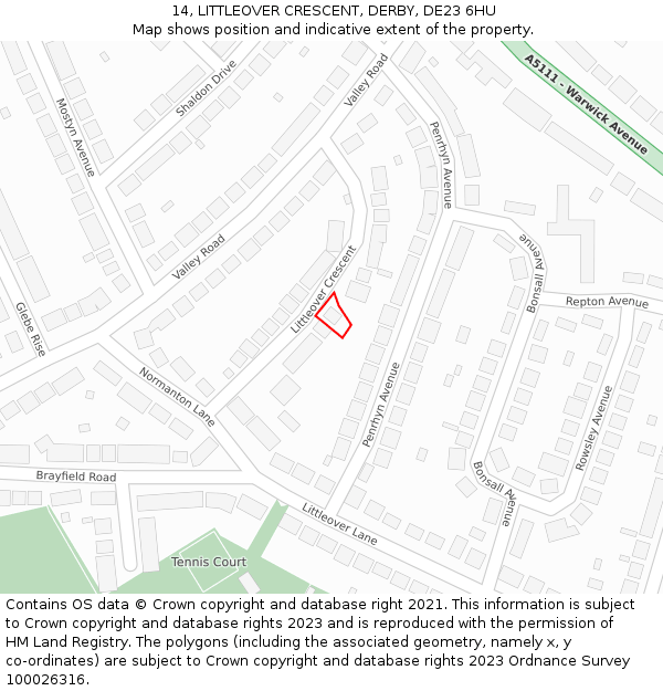 14, LITTLEOVER CRESCENT, DERBY, DE23 6HU: Location map and indicative extent of plot