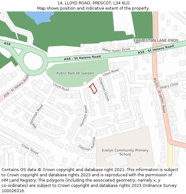 14, LLOYD ROAD, PRESCOT, L34 6LG: Location map and indicative extent of plot