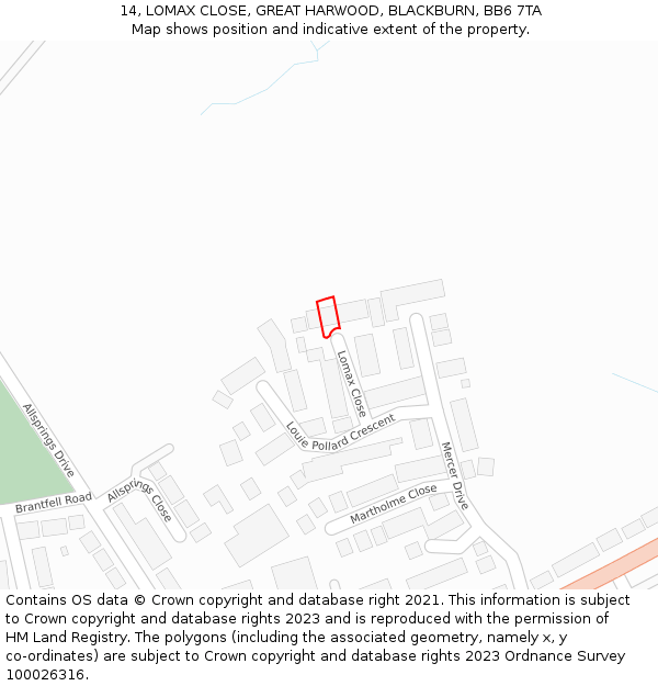 14, LOMAX CLOSE, GREAT HARWOOD, BLACKBURN, BB6 7TA: Location map and indicative extent of plot