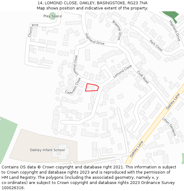 14, LOMOND CLOSE, OAKLEY, BASINGSTOKE, RG23 7NA: Location map and indicative extent of plot