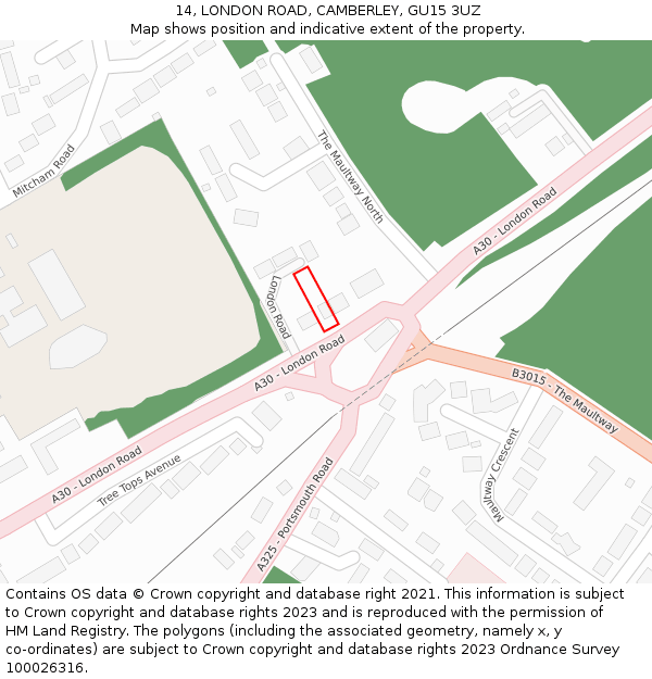 14, LONDON ROAD, CAMBERLEY, GU15 3UZ: Location map and indicative extent of plot